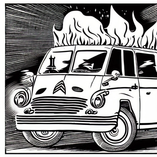 comics cartoon style  front view of a citroen type h with 3 punks driving inside running from highway to hell with flames in foreground ,all funny and comic , midnight blue backgroud