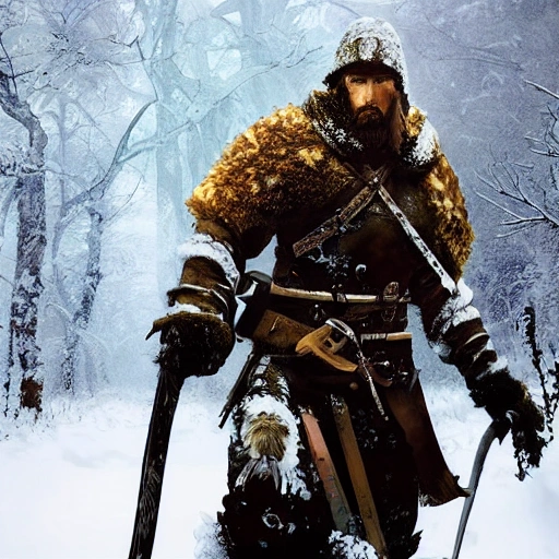 Yoji Shinkawa style digital art of a viking warrior in snow covered forest, detailed face, 8k, hyper realistic, beautiful lighting, golden hour, cinematic composition