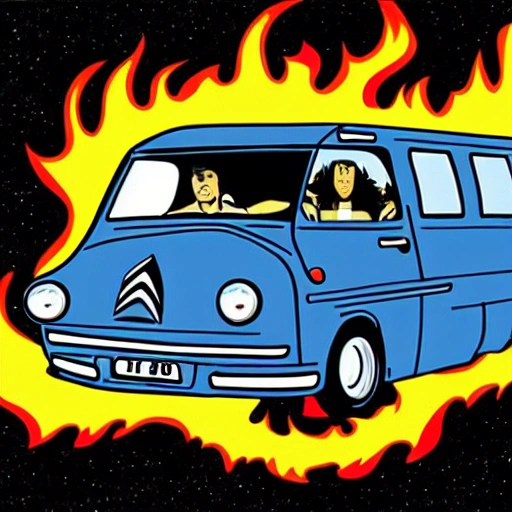 comics cartoon style  front view of a citroen type h with 3 punks driving inside running from highway to hell with flames in foreground ,all funny and comic , midnight blue backgroud