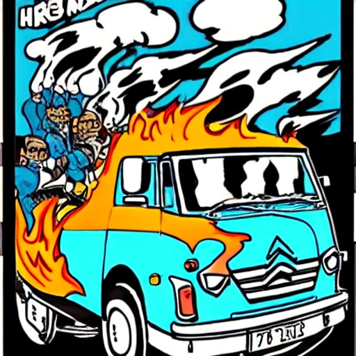 comics cartoon style  front view of a citroen type hy with 3 punks driving inside running from highway to hell with flames in foreground ,all funny and comic , midnight blue backgroud