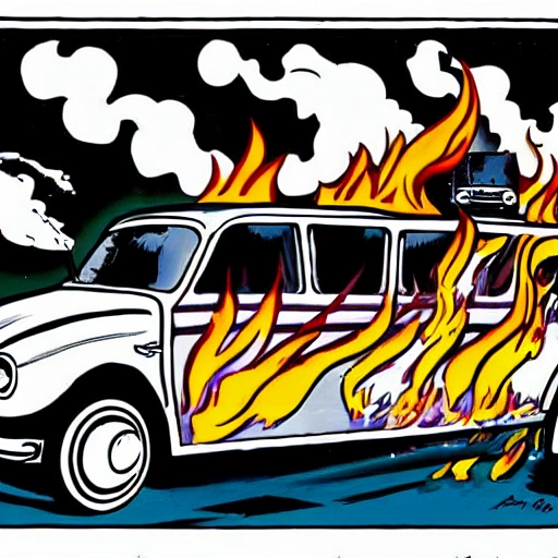 comics cartoon style  front view of a citroen type hy "tube" with 3 punks driving inside running from highway to hell with flames in foreground ,all funny and comic , midnight blue backgroud