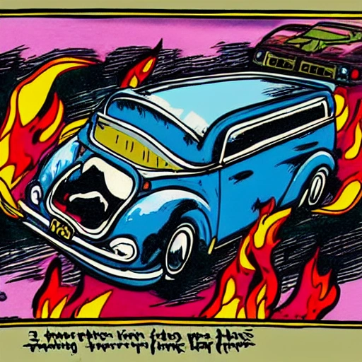 comics cartoon style  front view of a citroen type hy "tube" with 3 punks driving inside running from highway to hell with flames in foreground crushing demons ,all funny and comic , midnight blue backgroud