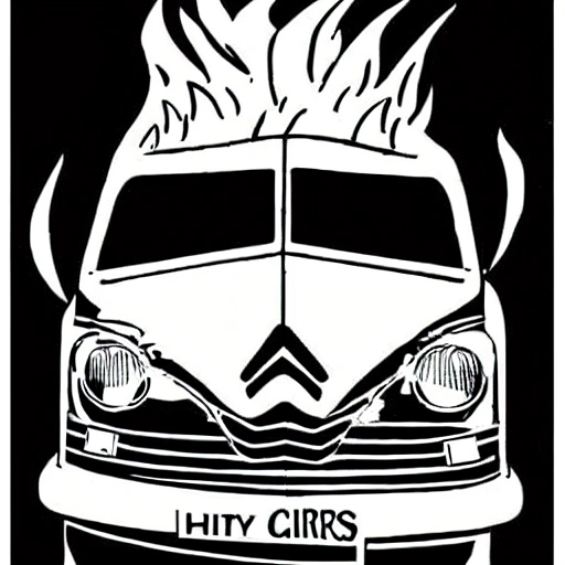 comics cartoon style  front view of a citroen type hy "tube" with 3 punks driving inside running from highway to hell with flames in foreground crushing demons ,all funny and comic , midnight blue backgroud