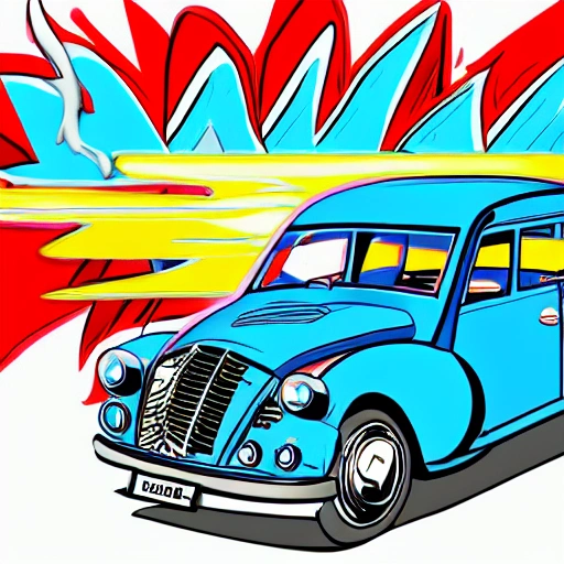 comics cartoon style  front view of a citroën "type h" with 3 punks driving inside running from highway in a midnight blue backgroud with flames in foreground crushing demons ,all funny and comic , 