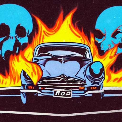 dark comics style  front view of a citroën "type h" with 3 punks driving inside running from highway in a midnight blue backgroud with flames in foreground crushing demons ,all funny and comic , 