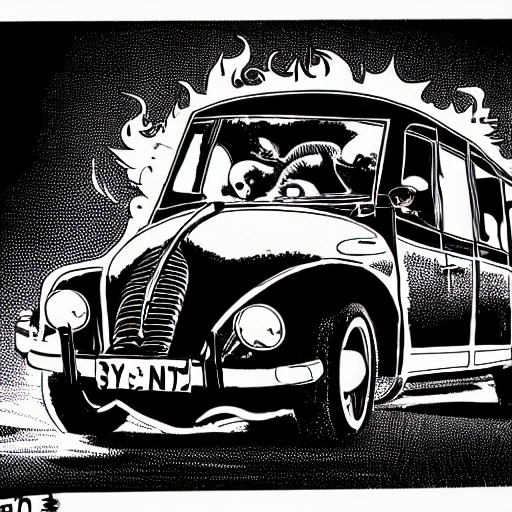 dark comics style  front view of a citroën "type h" with 3 punks driving inside running from highway in a midnight blue backgroud with flames in foreground crushing demons ,all funny and comic , 