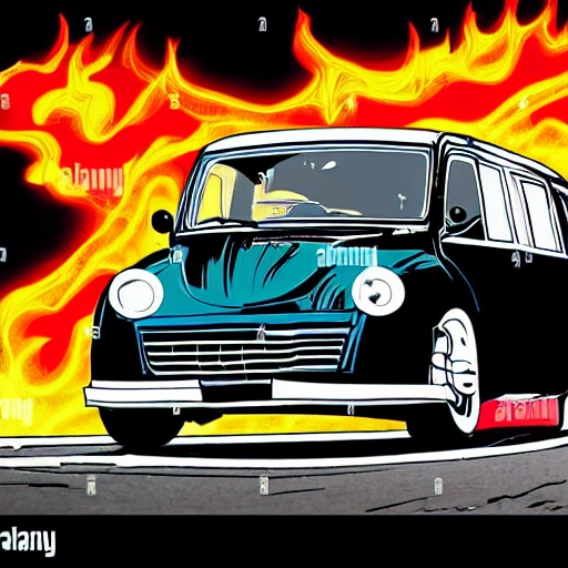 dark comics style  front view of a citroën "type h" with 3 punks driving inside running from highway in a midnight blue backgroud with flames in foreground crushing demons ,all funny and comic , 