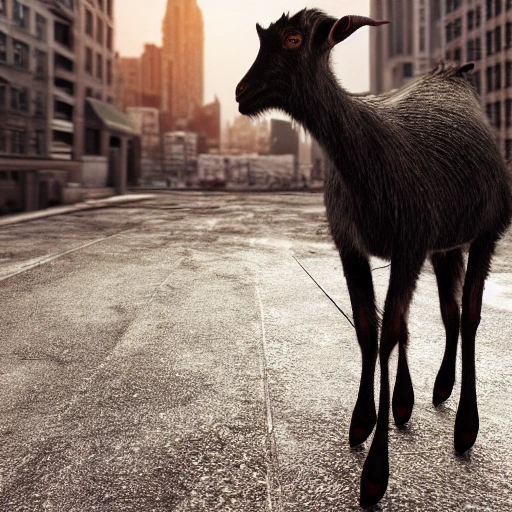 Satanic goat in a city, blade ruuner style, vray, octane render