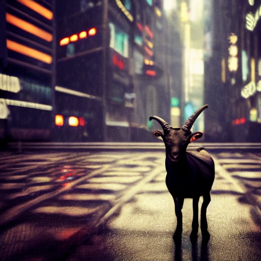 Satanic goat in a city, blade runner style, vray, octane render