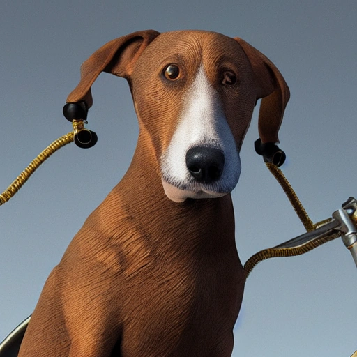 Portrait of 1 dog with bird head riding a bike, realistic, detailed, vray, octane render