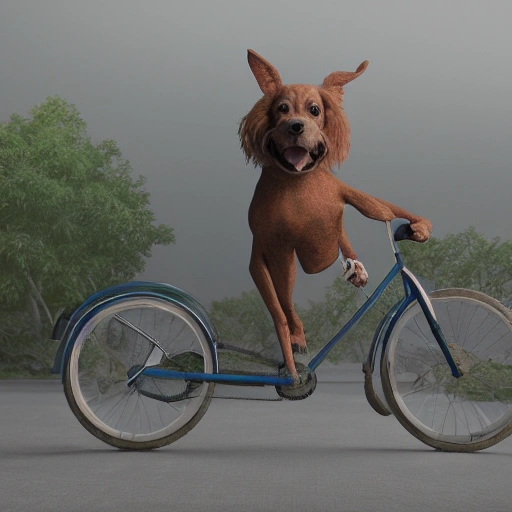 Portrait of 1 dog riding a bike, realistic, detailed, vray, octane render