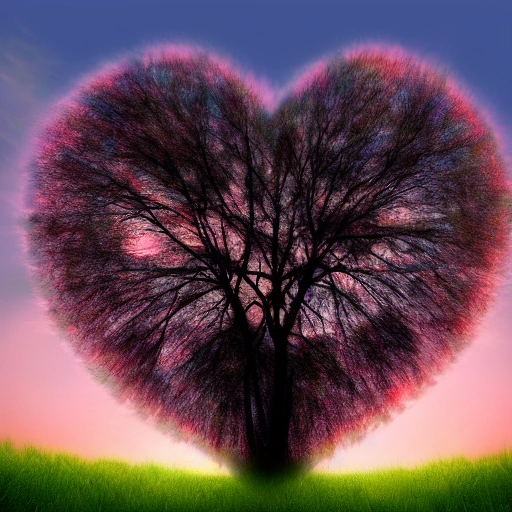 heart tree, dawn, high quality, photorealistic, high contast