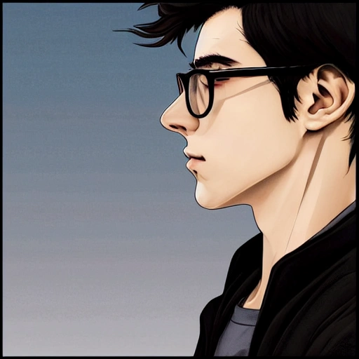 digital art, sharp focus, close - up, character portrait, a twenty years old male!! Scientist, slightly wavy hair, glasses!!!, beautiful sci-fi art, film still, masterpiece, award winning, symmetry, by artgerm and hayao miyazaki, by rutkowsky, by alphonse mucha, artstation, hq, trending on artstation