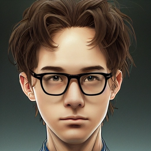 digital art, sharp focus, close - up, character portrait, a twenty years old male!! Scientist, slightly wavy hair, glasses!!!, beautiful sci-fi art, film still, masterpiece, award winning, symmetry, by artgerm and hayao miyazaki, by rutkowsky, by alphonse mucha, artstation, hq, trending on artstation