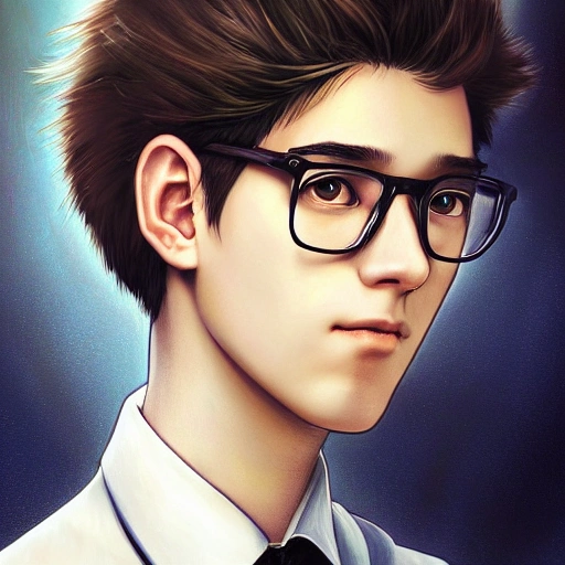 digital art, sharp focus, close - up, character portrait, a twenty years old male!! Scientist, slightly wavy hair, glasses!!!, beautiful sci-fi art, film still, masterpiece, award winning, symmetry, by artgerm and hayao miyazaki, by rutkowsky, by alphonse mucha, artstation, hq, trending on artstation