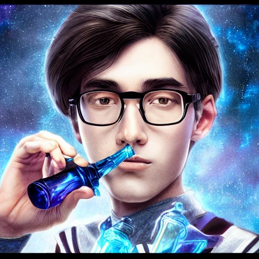 digital art, sharp focus, close - up, character portrait, a seventeen years old male!! ravenclaw wizard black, slightly wavy hair, wearing browline!! glasses!!! with a potion bottle!!!, blue shiny lighting, beautiful fantasy art, film still, masterpiece, award winning, symmetry, by artgerm and hayao miyazaki, by rutkowsky, by alphonse mucha, artstation, hq, trending on artstation