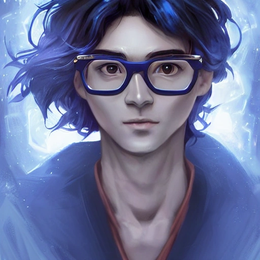 digital art, sharp focus, close - up, character portrait, a seventeen years old male!! ravenclaw wizard black, slightly wavy hair, wearing browline!! glasses!!! with a potion bottle!!!, blue shiny lighting, beautiful fantasy art, film still, masterpiece, award winning, symmetry, by artgerm and hayao miyazaki, by rutkowsky, by alphonse mucha, artstation, hq, trending on artstation