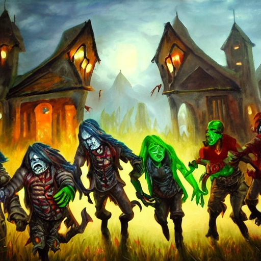 fantasy heroes vs zombies, Oil Painting, Cartoon