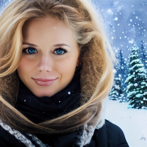 professional portrait photograph of a gorgeous Norwegian girl in winter clothing with long wavy blonde hair, Oil Painting
