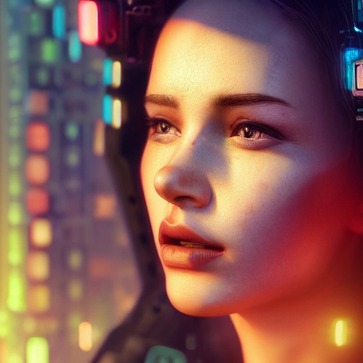 side close up portrait of 1 ROMANTIC girl, detailed face, spotlight, cyberpunk city, wired, multicolored, vibrant high contrast, hyperrealistic, photografic, 8k, epic ambient light, octane render