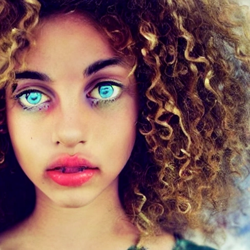 , Water Color,A girl with bright eyes, elongated eyebrows, big eyes, beautiful lips, curly face, blonde hair, born in Iran.