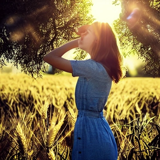 A full-length photo, a beautiful woman, with an elongated face, wheat skin, the sun shining from behind, leaning on a tall tree, looking far away, blue eyes, hair blowing in the wind, narrow waist, beautiful lips