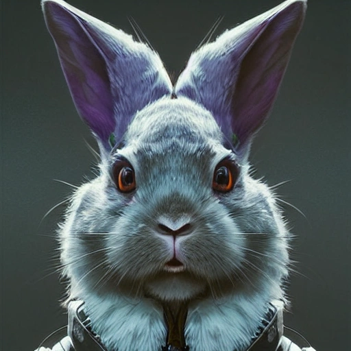 a beautiful portrait of a cute cyberpunk rabbit with grey fur by greg rutkowski and wlop, purple blue color scheme, high key lighting, digital art, highly detailed, fine detail, intricate, ornate, complex 