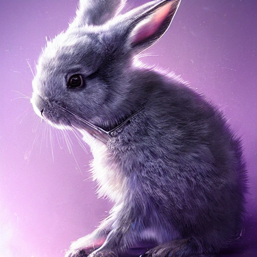 a beautiful portrait of a cute cyberpunk rabbit with grey fur by greg rutkowski and wlop, purple blue color scheme, high key lighting, digital art, highly detailed, fine detail, intricate, ornate, complex, cybernetic eye high detailed