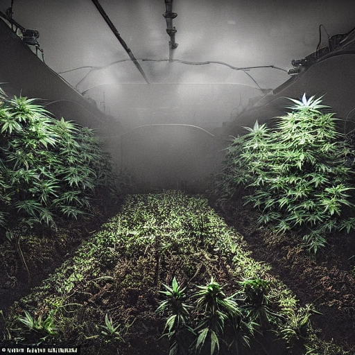 The cannabis gardens of the underworld: Depict a dark and mysterious garden filled with cannabis plants. The garden should be hidden beneath the earth, surrounded by shadows and mist. Use dramatic lighting to give the image a moody feel