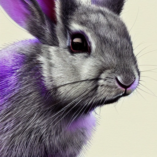 a beautiful portrait of a cute cyberpunk rabbit with grey fur, collar, purple blue color scheme, high key lighting, digital art, highly detailed, fine detail, intricate, ornate, complex,