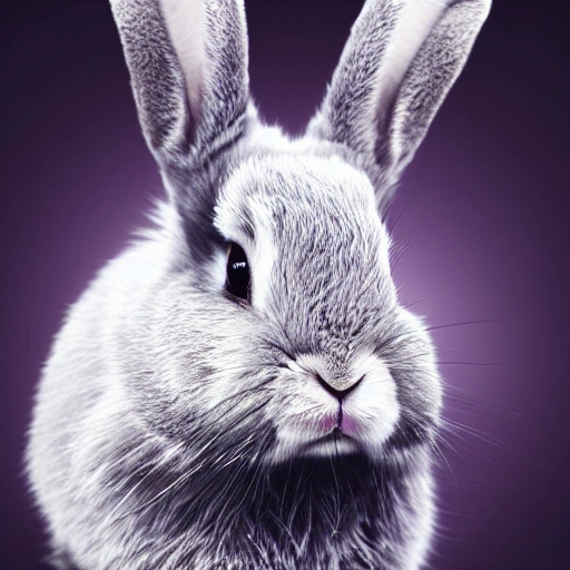 a beautiful portrait of a cute rabbit with grey fur, collar, purple blue color scheme, high key lighting, digital art, highly detailed, fine detail, intricate, ornate, complex,  cyberpunk style