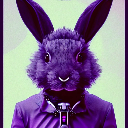 a beautiful portrait of a cute rabbit with grey fur in cyberpunk enviroment, collar, purple blue color scheme, high key lighting, digital art, highly detailed, fine detail, intricate, ornate, complex,  c