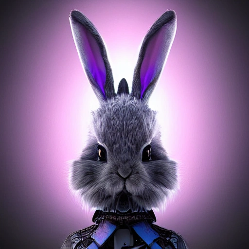 a cute rabbit with grey fur in cyberpunk enviroment, collar, purple blue color scheme, high key lighting, digital art, highly detailed, fine detail, intricate, ornate, complex,    