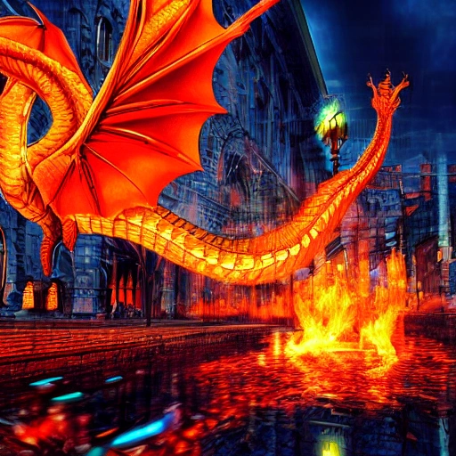 , 3D, dragon, fluor-lights, , realism, caotic, fire, city