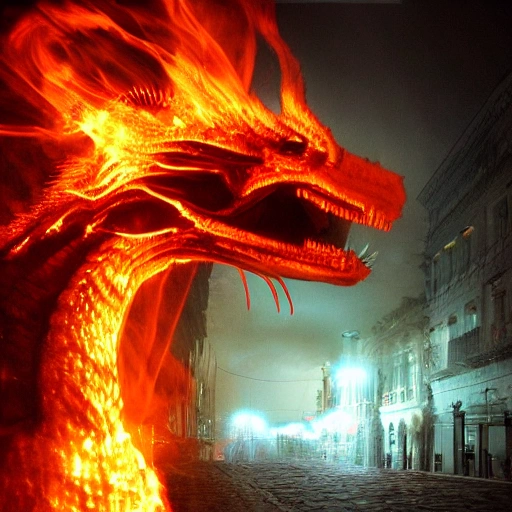 , 3D, dragon-face, fluor-lights, , realism, caotic, fire, city