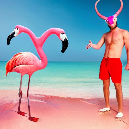 Create a fish with horns, legs and shorts with flamingos on the Carribean