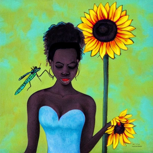 black woman with a sunflower and a dragonfly