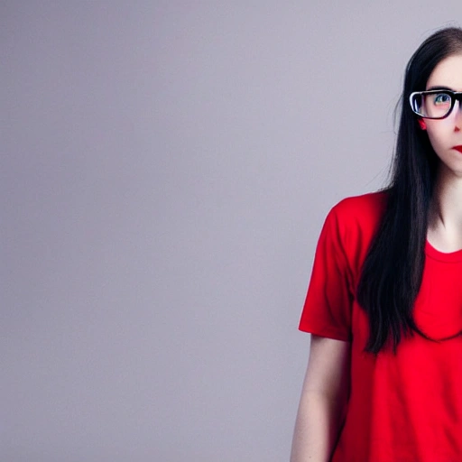 white girl with glasses, long black hair and red t-shirt, 3D