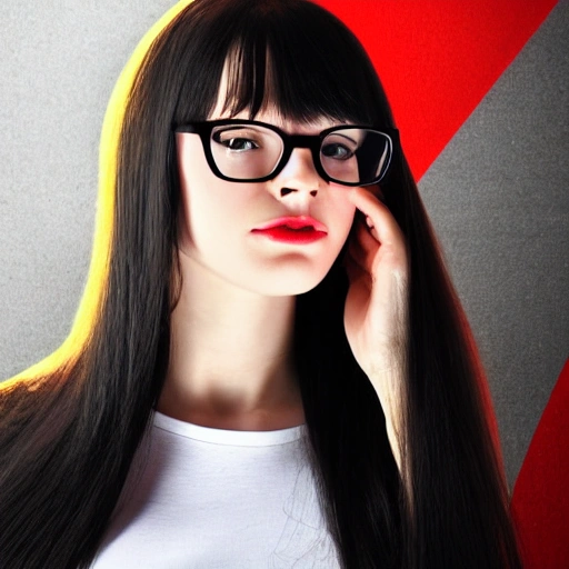 white girl with glasses, long black hair and red t-shirt, 3D