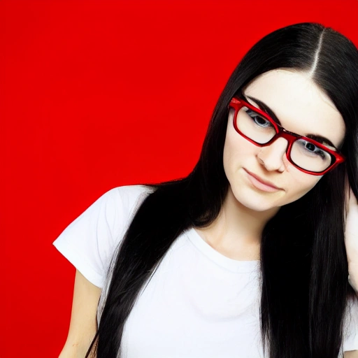 white girl with glasses, long black hair and red t-shirt, 3D