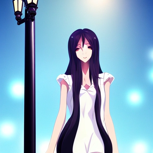 pretty girl face, long black hair, tall skinny full body, standing under lamppost, detailed, Anime, Glamor Shot, Beautiful Lighting, Artstation --ar 1:2  