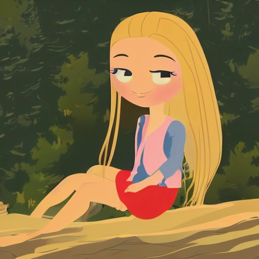 A beautiful girl's face, long eyelashes, large watery eyes, long golden hair, thin body, sitting on the top of the mountain, enjoying the sunrise, animation style