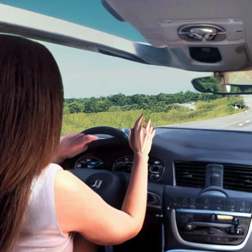 una chica colocando un forro al volante de un carro, 3D