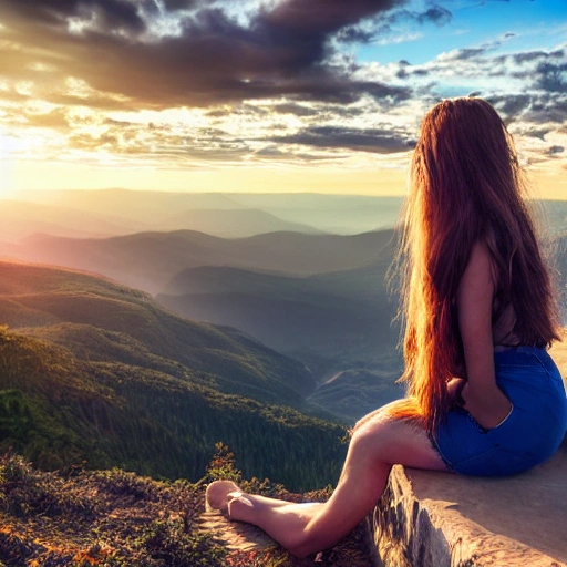 A beautiful girl's face, long eyelashes, large watery eyes, long golden hair, thin body, sitting on the top of the mountain, enjoying the sunrise, realistic style