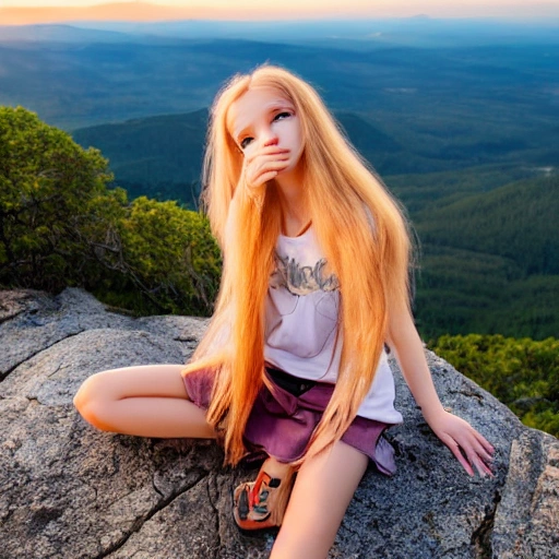 A beautiful girl's face, long eyelashes, large watery eyes, long golden hair, thin body, sitting on the top of the mountain, enjoying the sunrise, realistic style