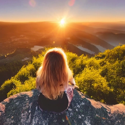 A beautiful girl's face, long eyelashes, large watery eyes, long golden hair, thin body, sitting on the top of the mountain, enjoying the sunrise, ,Water Color