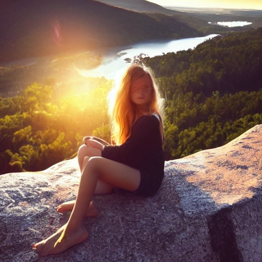 A beautiful girl's face, long eyelashes, large watery eyes, long golden hair, thin body, sitting on the top of the mountain, enjoying the sunrise, Water Color