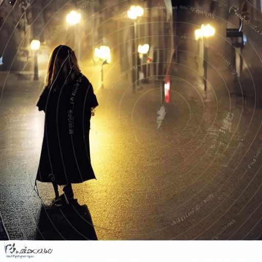 At night, a beautiful girl's face, long eyelashes, large watery eyes, long golden hair, thin body, wearing a black coat, standing under the street lamp, the light is dim, Water Color