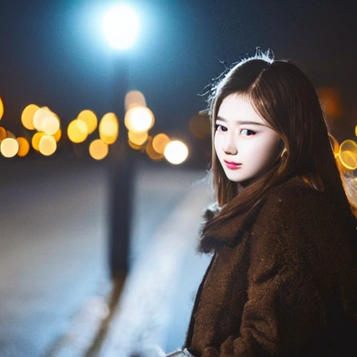 At night, a beautiful girl's face, long eyelashes, large watery eyes, long golden hair, thin body, wearing a black coat, standing under the street lamp, the light is dim