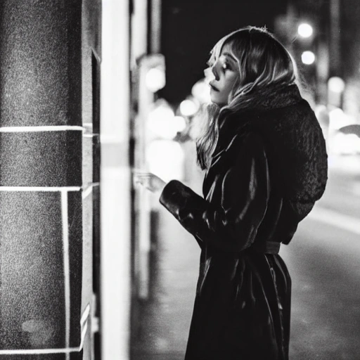 At night, a beautiful girl's face, long eyelashes, large watery eyes, long golden hair, thin body, wearing a black coat, standing under the street lamp, the light is dim